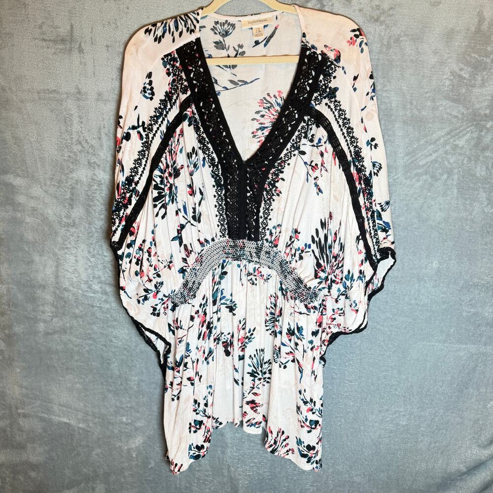 Motherhood Maternity 2X Floral Boho Tunic Top Crochet Trim Empire Waist